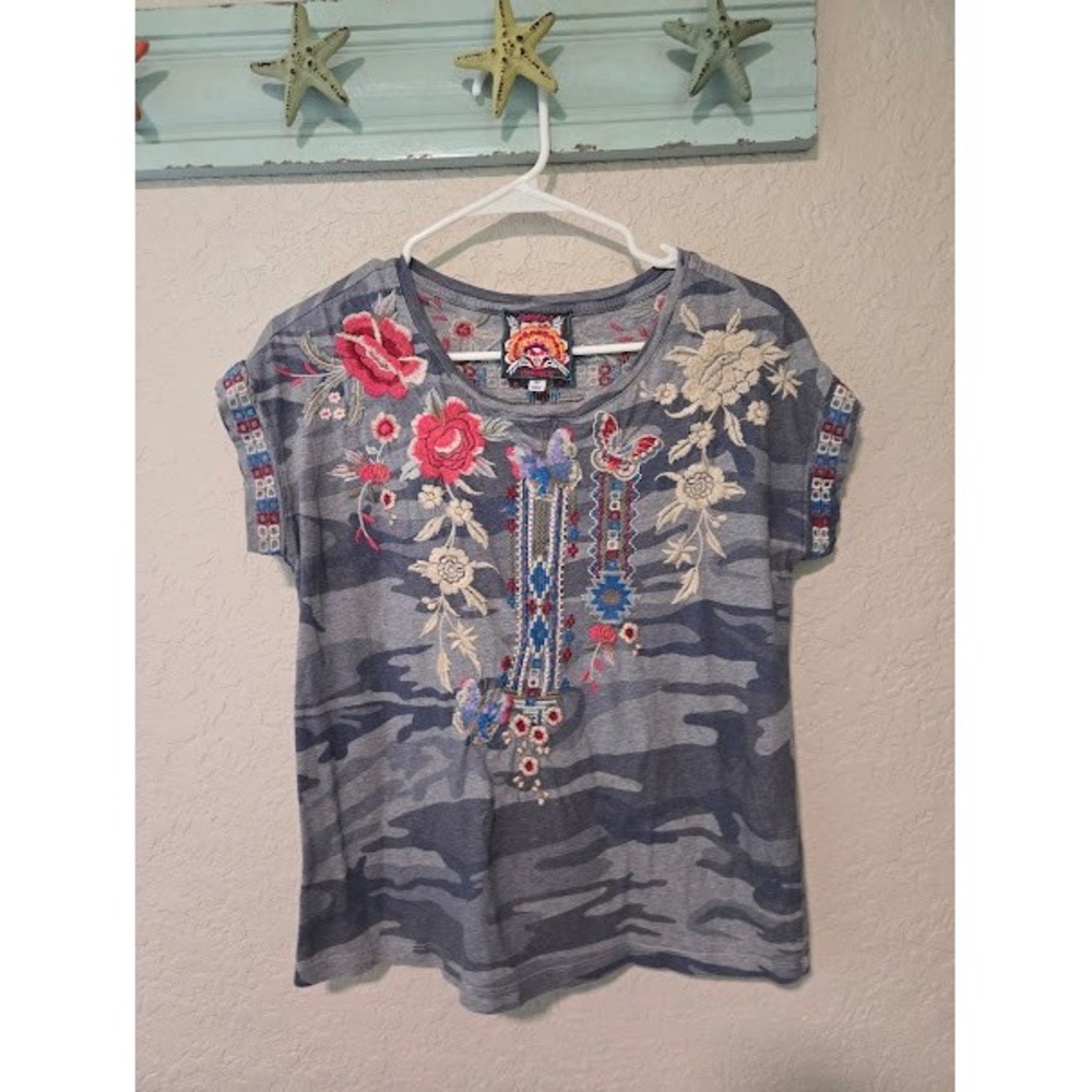 Johnny Was Grey Camo Embroidered Tee
